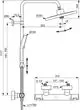 Duschsystem von Ideal Standard mit einem Thermostat, Wandmontage, runder Kopfbrause und Handbrause, skizziert in technischen Zeichnungen mit Maßangaben.